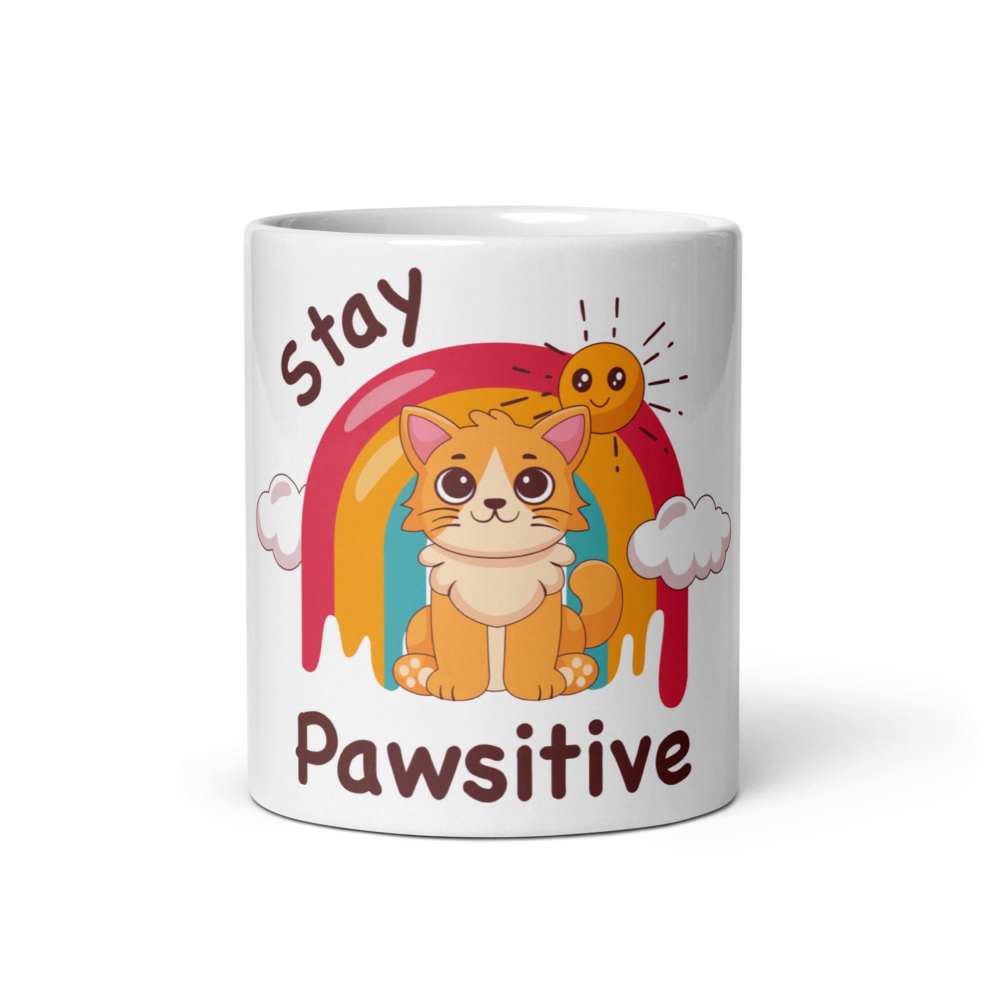Cute Cat Mug – Stay Pawsitive (Rainbow Joy) - JollyKitties