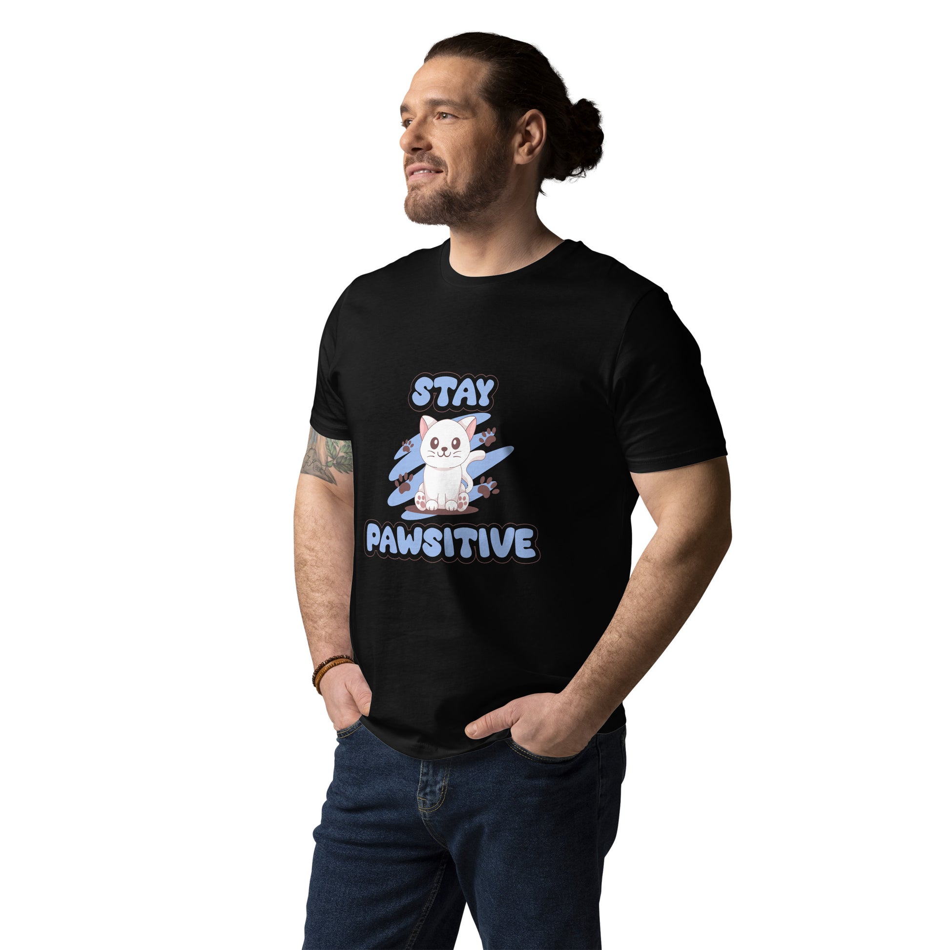 Cute Cat T-Shirt – Stay Pawsitive (Blue Zen) - JollyKitties
