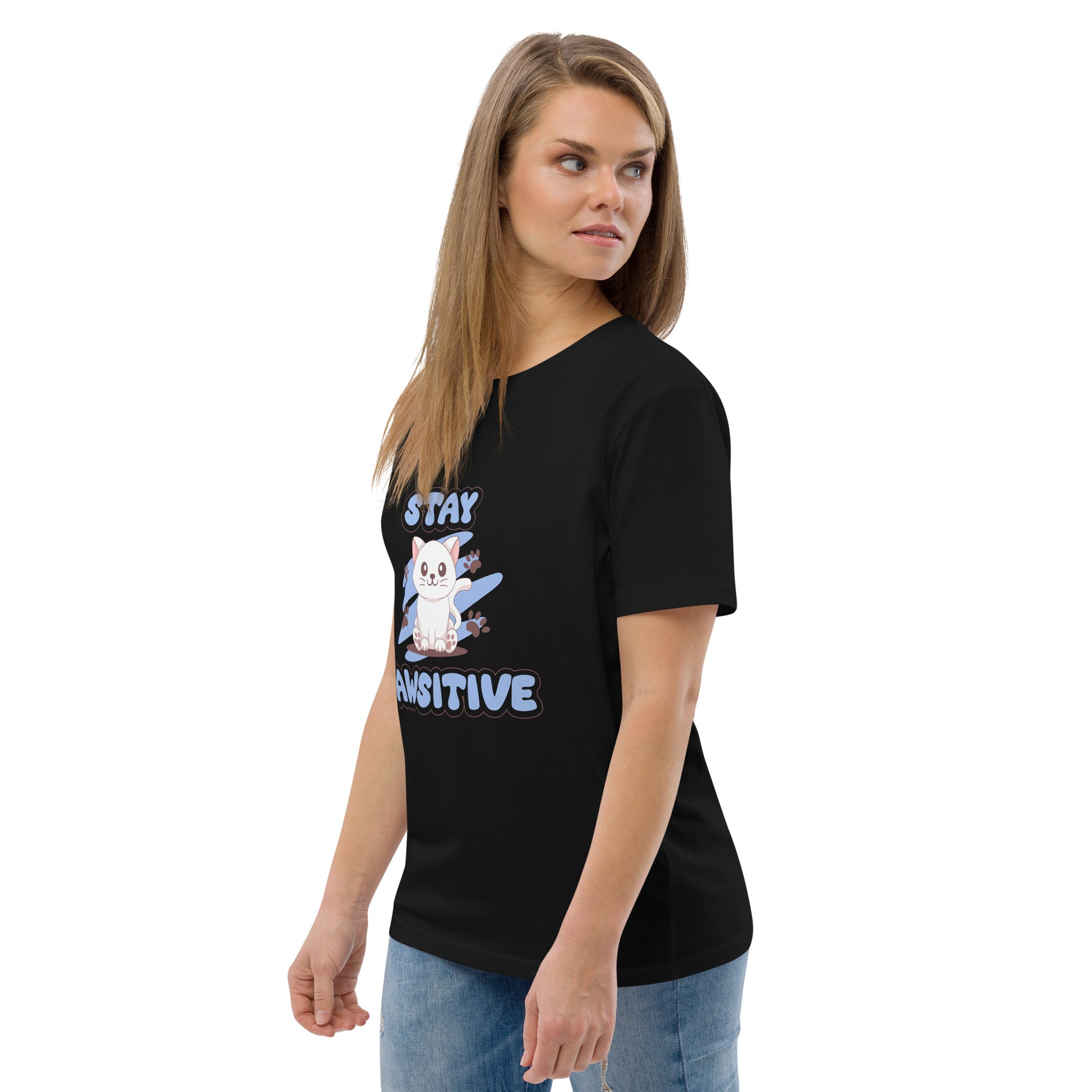 Cute Cat T-Shirt – Stay Pawsitive (Blue Zen) - JollyKitties