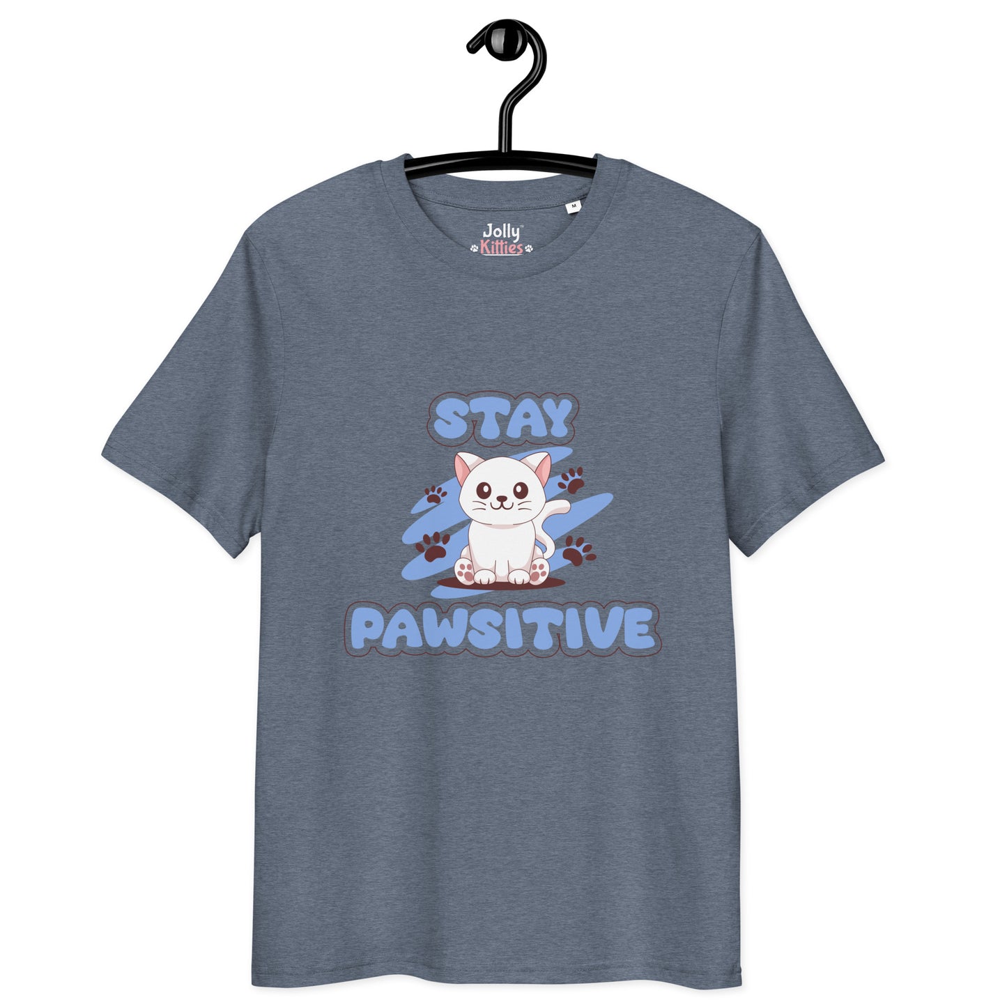 Cute Cat T-Shirt – Stay Pawsitive (Blue Zen) - JollyKitties