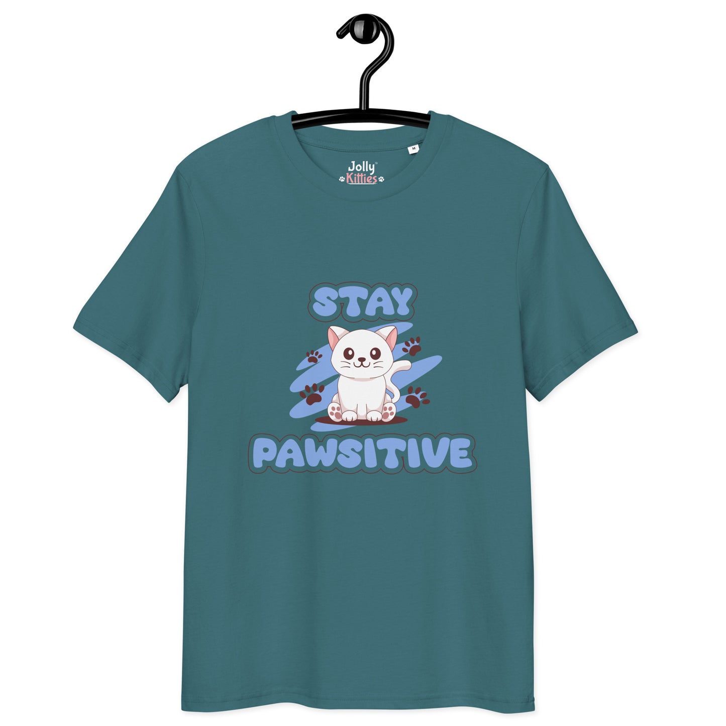 Cute Cat T-Shirt – Stay Pawsitive (Blue Zen) - JollyKitties