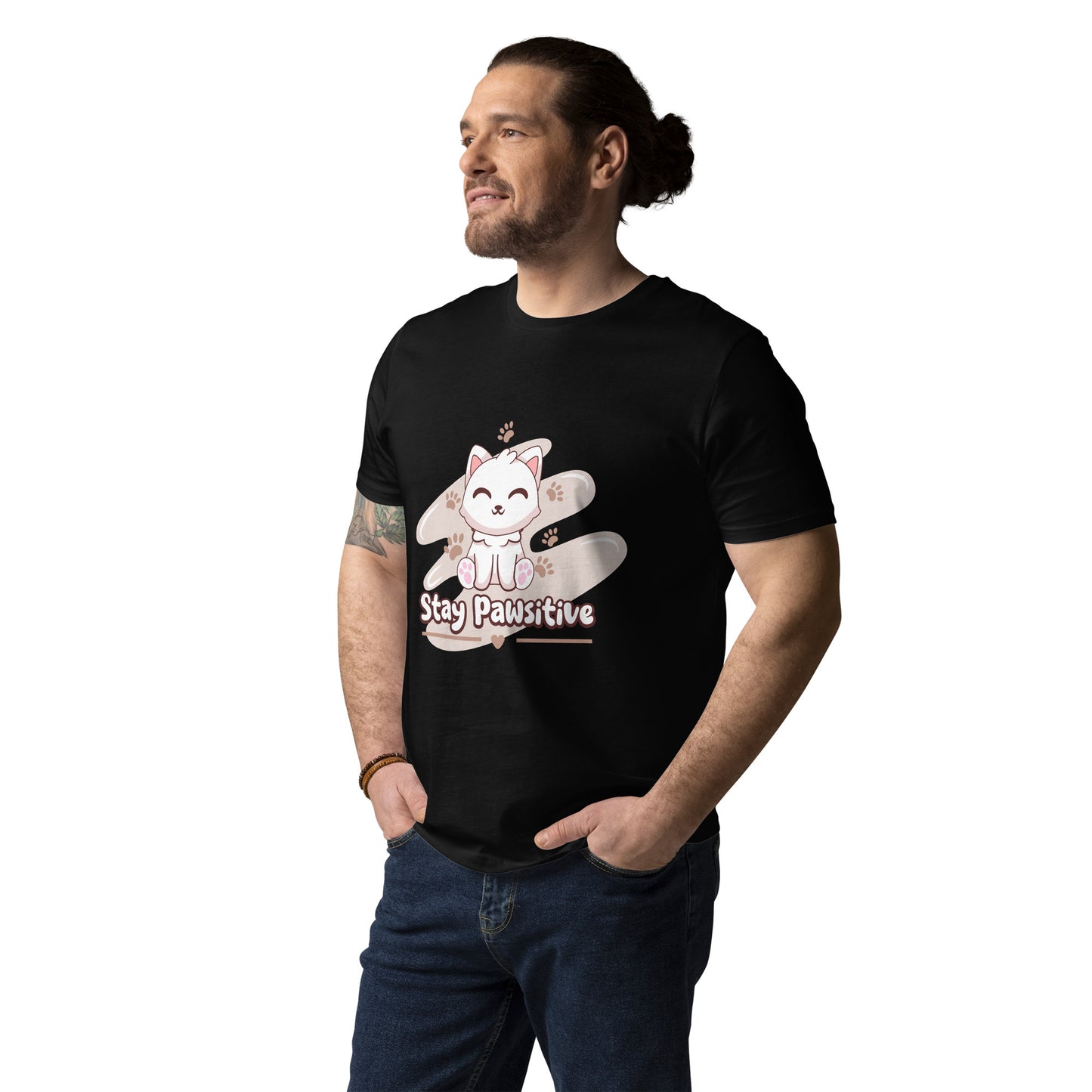 Cute Cat T-Shirt – Stay Pawsitive (Pink Splash) - JollyKitties