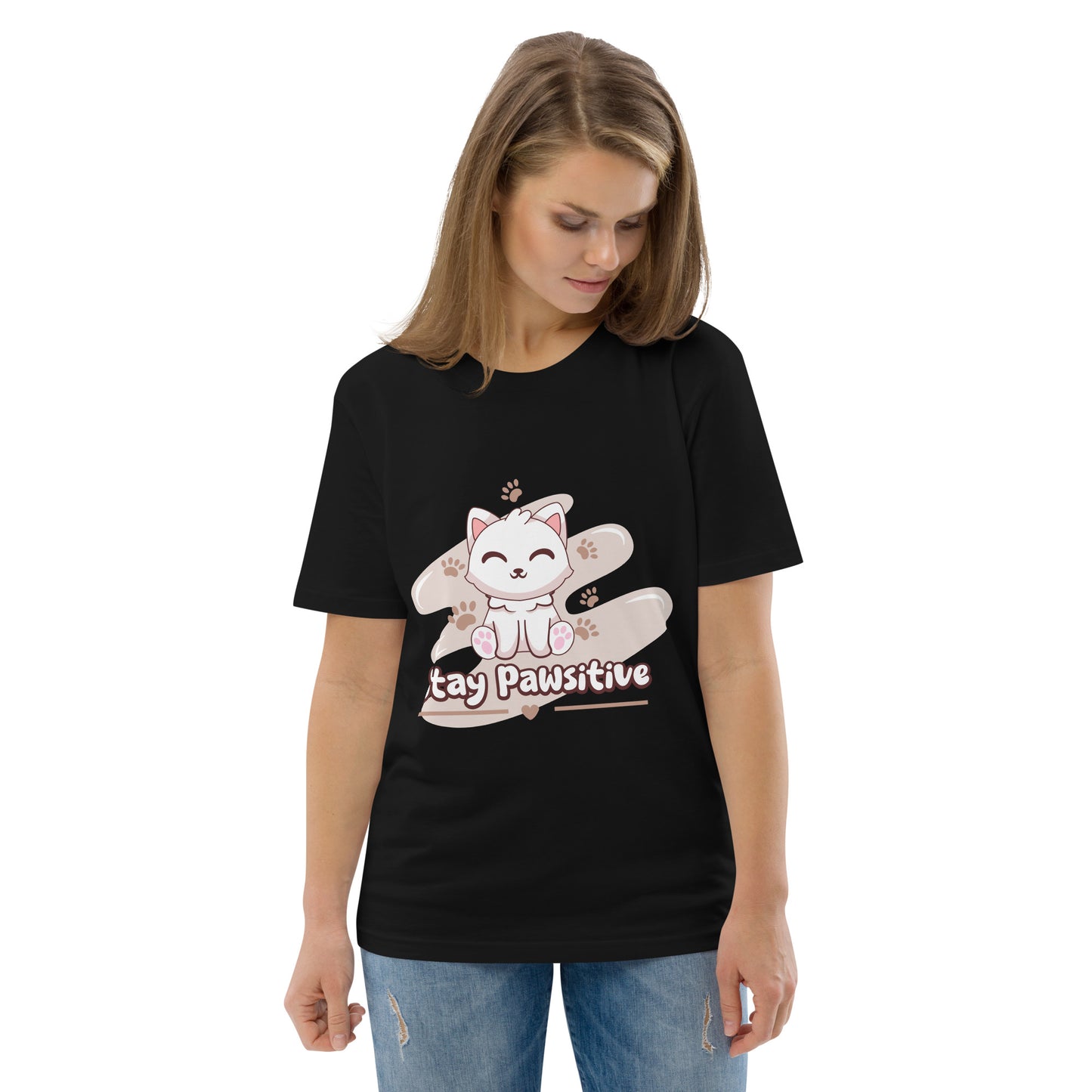 Cute Cat T-Shirt – Stay Pawsitive (Pink Splash) - JollyKitties
