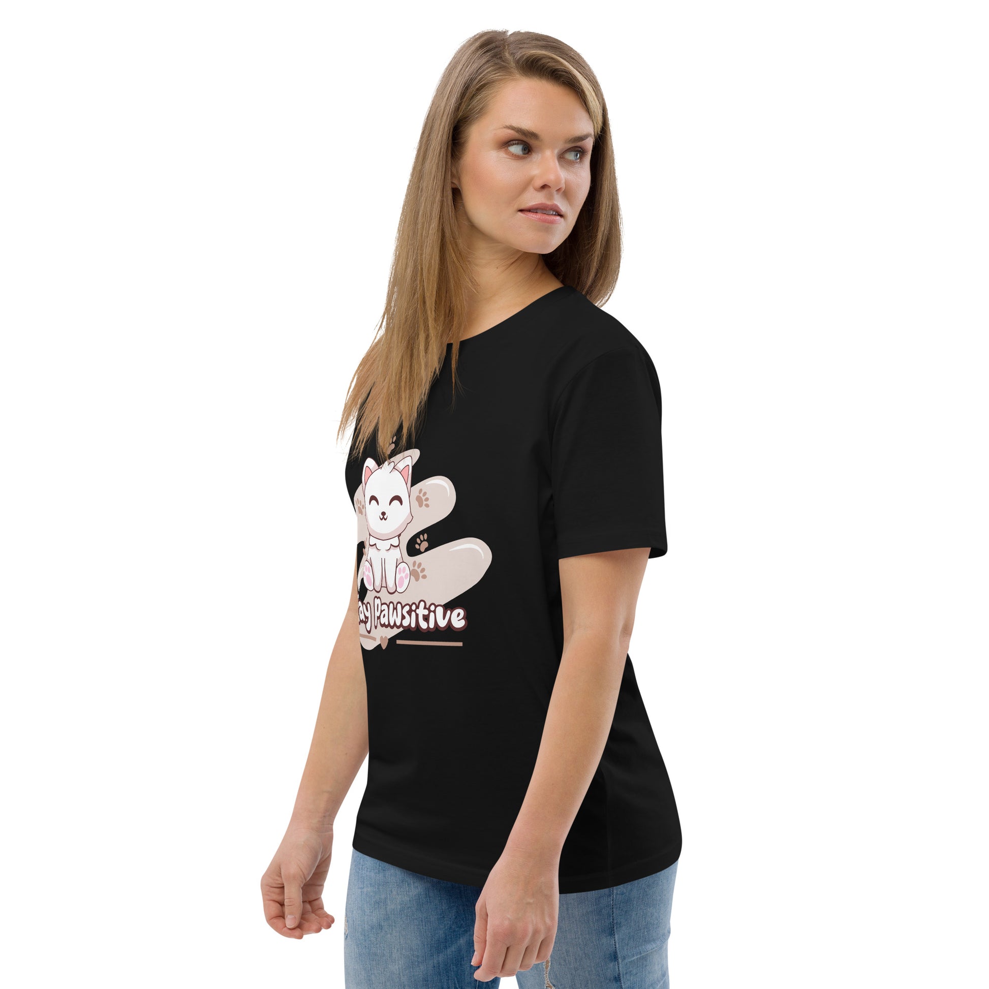 Cute Cat T-Shirt – Stay Pawsitive (Pink Splash) - JollyKitties