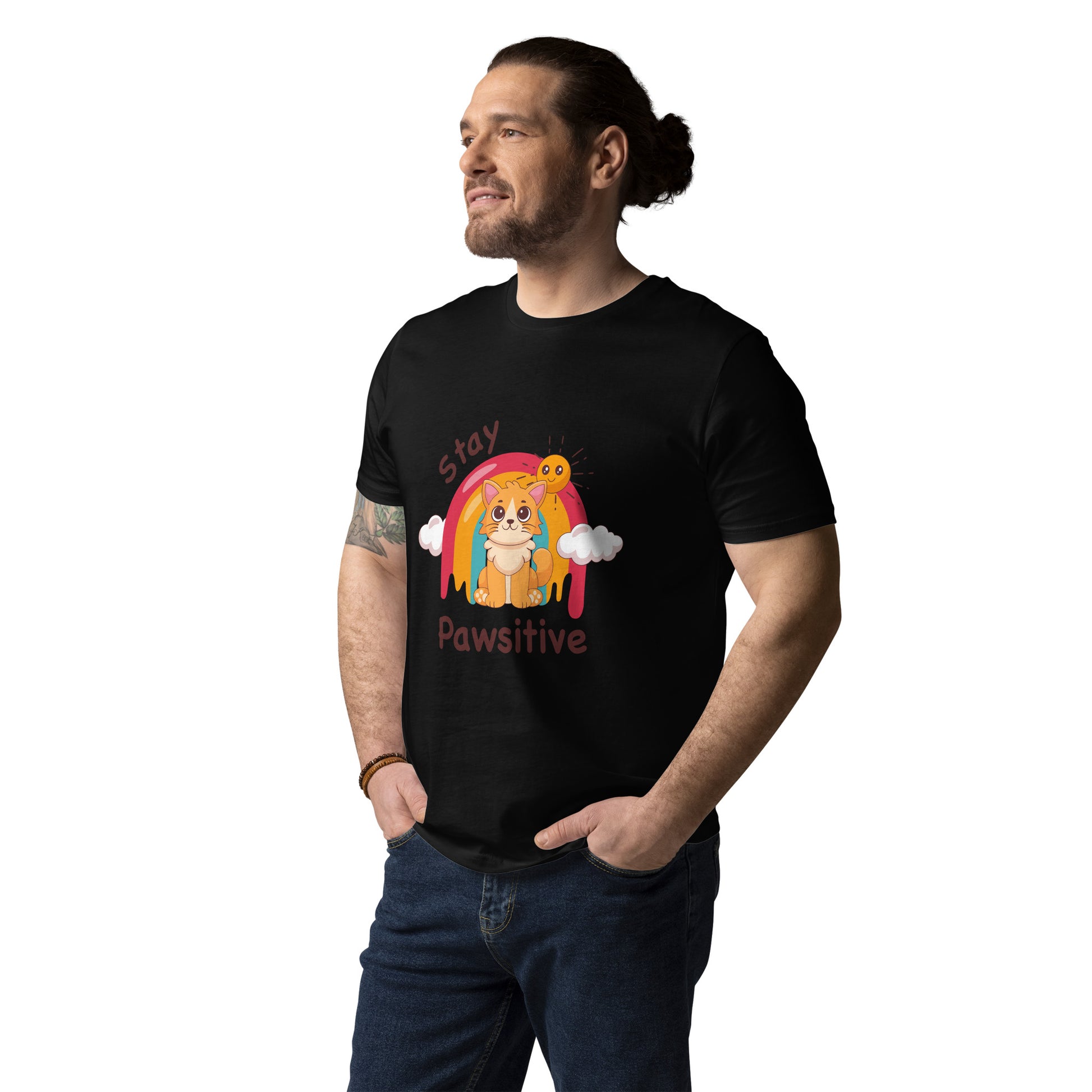 Cute Cat T-Shirt – Stay Pawsitive (Rainbow Joy) - JollyKitties