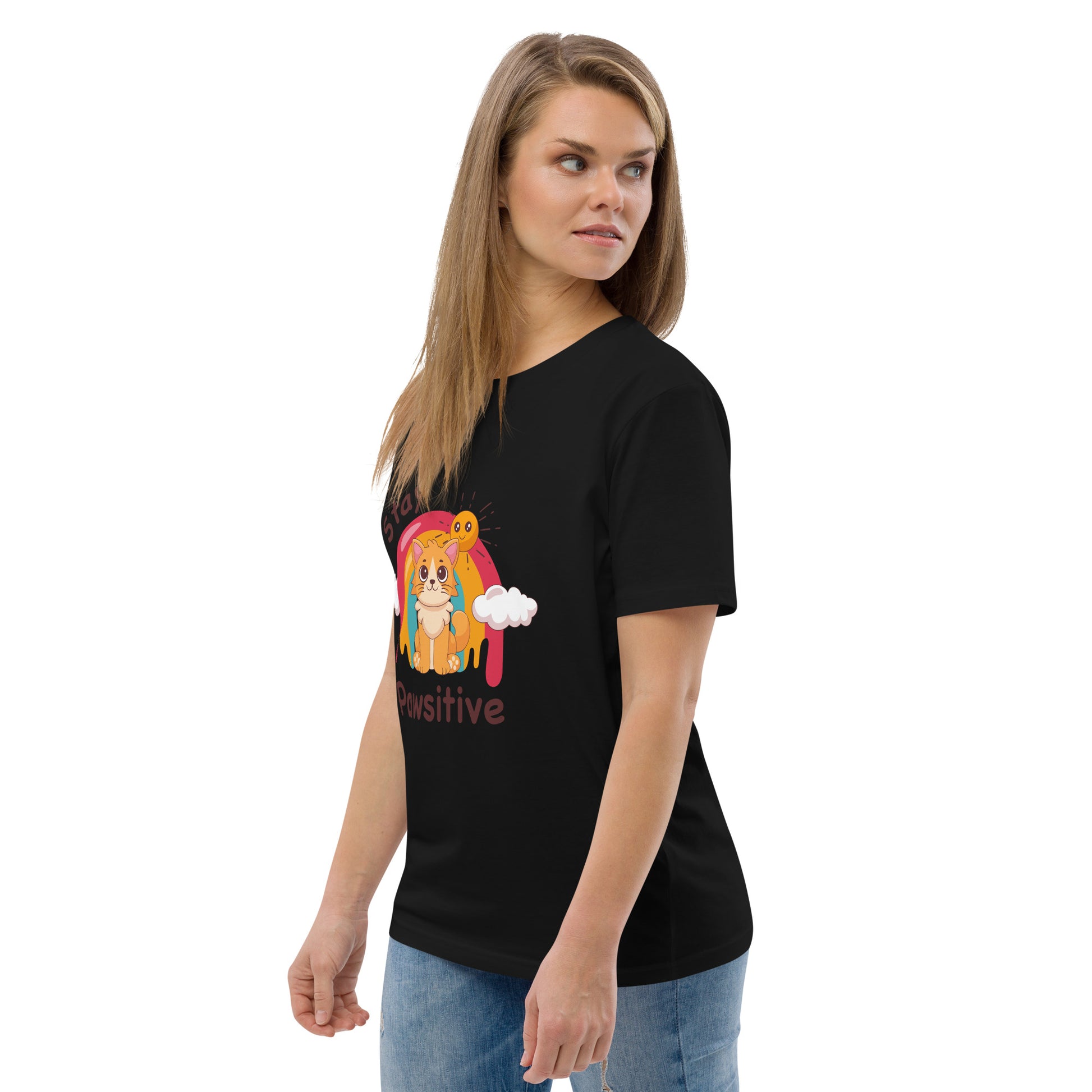 Cute Cat T-Shirt – Stay Pawsitive (Rainbow Joy) - JollyKitties