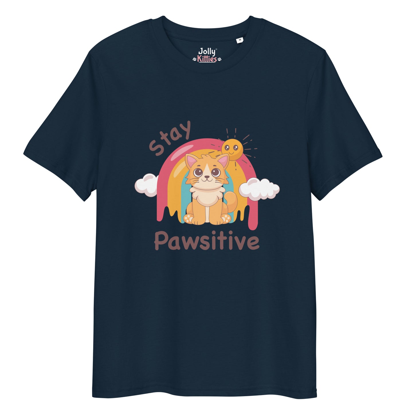 Cute Cat T-Shirt – Stay Pawsitive (Rainbow Joy) - JollyKitties