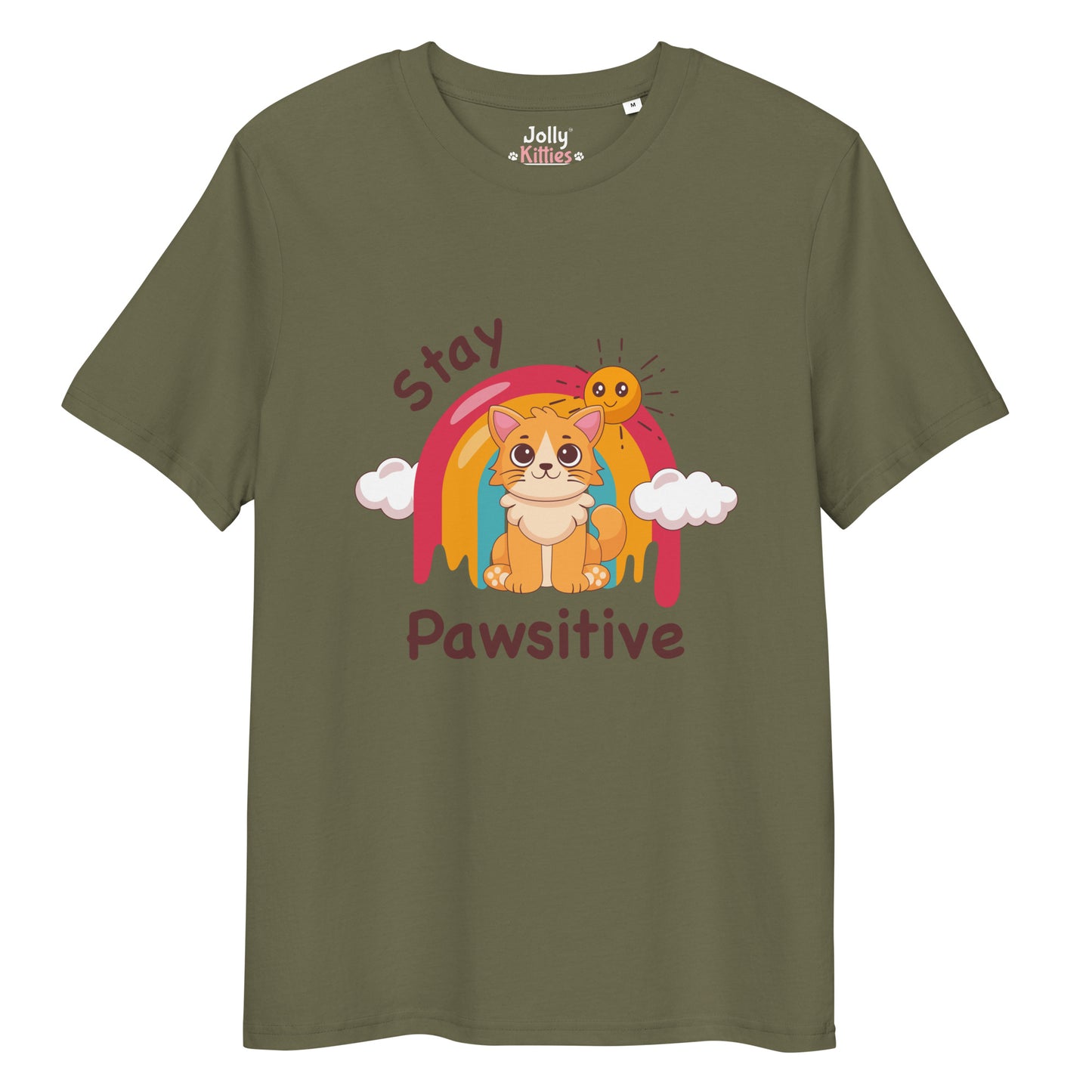 Cute Cat T-Shirt – Stay Pawsitive (Rainbow Joy) - JollyKitties