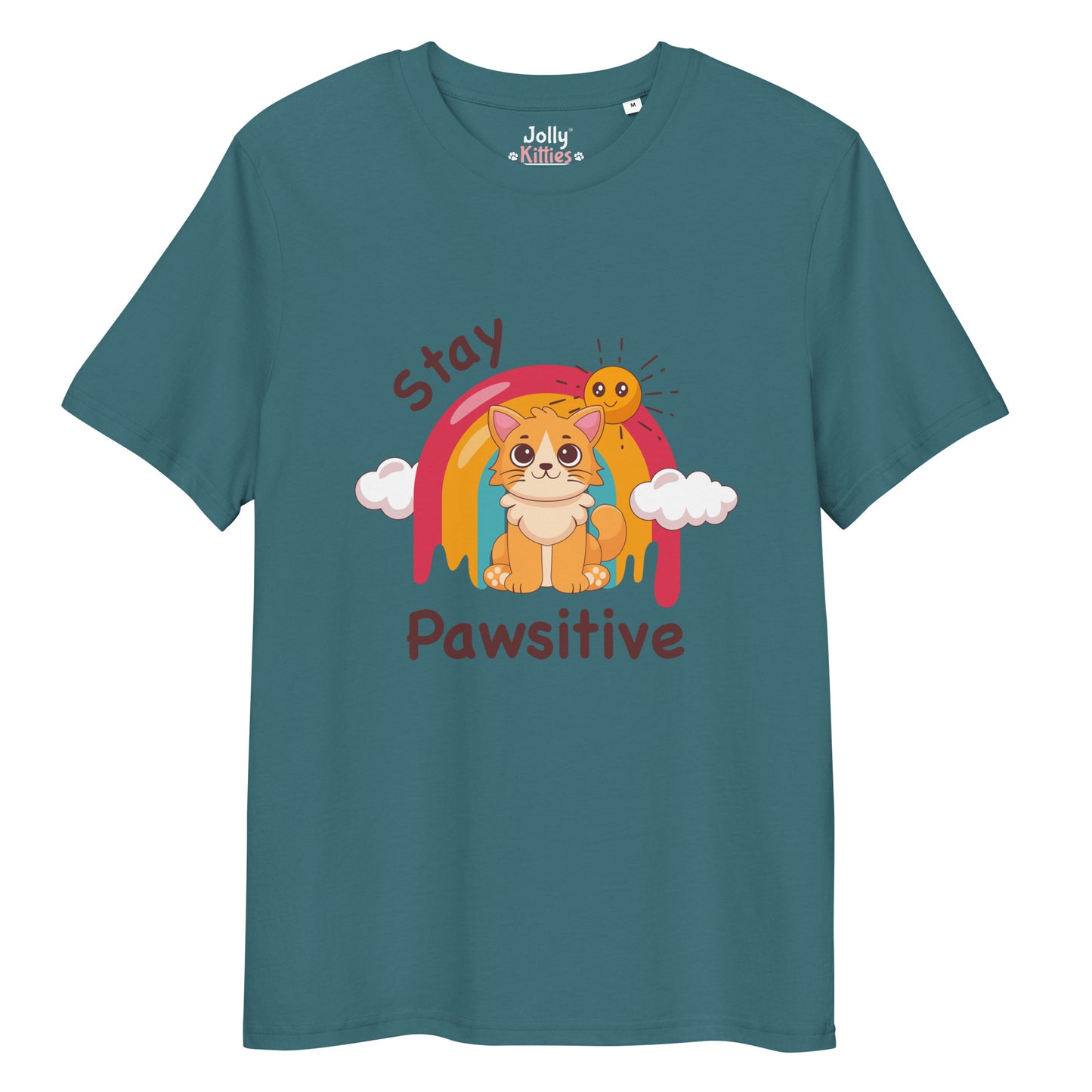 Cute Cat T-Shirt – Stay Pawsitive (Rainbow Joy) - JollyKitties