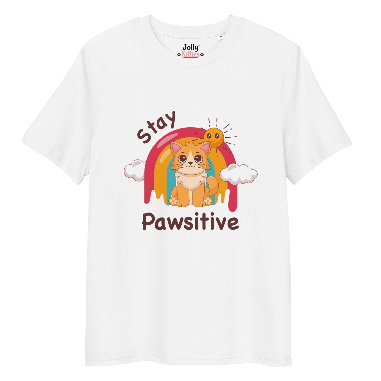 Cute Cat T-Shirt – Stay Pawsitive (Rainbow Joy) - JollyKitties