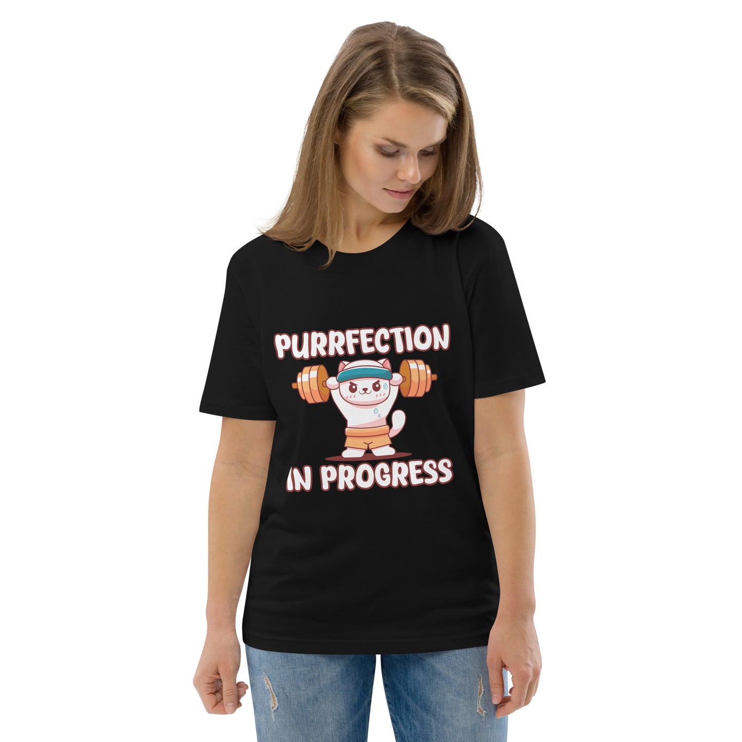 Funny Cat T-Shirt – Purrfection in Progress (Weightlifting Edition) - JollyKitties